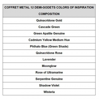 COFFRET METAL 12 DEMI GODETS COLORS OF INSPIRATION + 12 DEMI GODETS VIDES