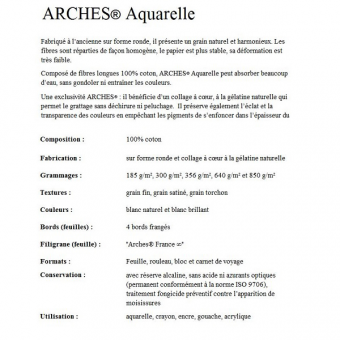 ARCHES FEUILLES, POCHETTES FEUILLE ARCHES AQUARELLE 75 X 105 640G GRAIN FIN BLANC NATUREL