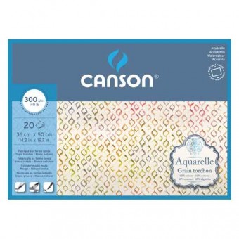 CANSON AQUARELLE BLOC COLLE 4 COTES  20 FEUILLES 300 G GRAIN TORCHON