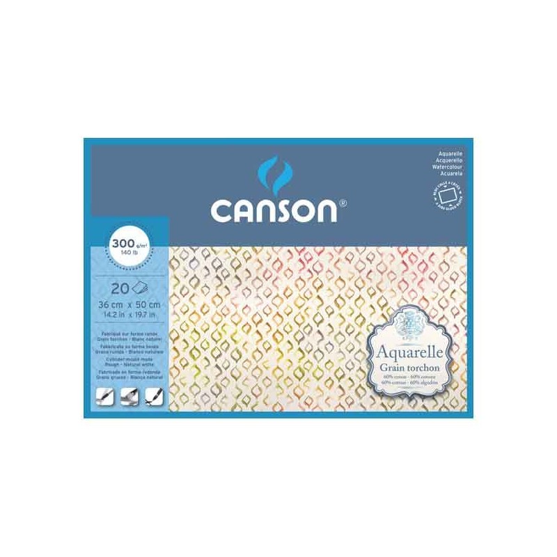 CANSON AQUARELLE BLOC COLLE 4 COTES  20 FEUILLES 300 G GRAIN TORCHON