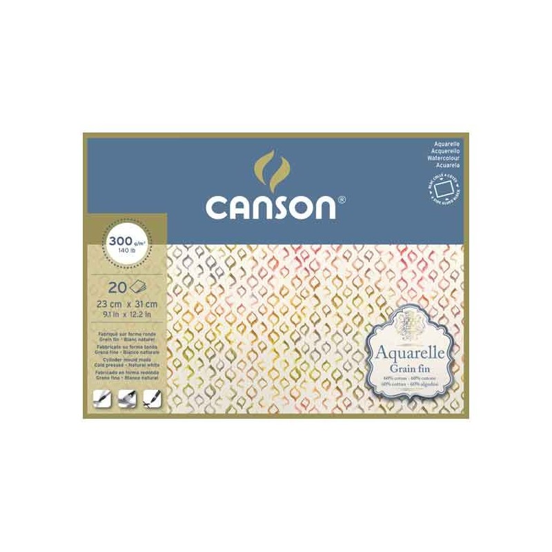 CANSON AQUARELLE BLOC COLLE 4 COTES  20 FEUILLES 300 G GRAIN FIN