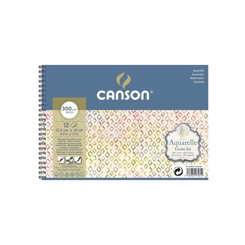 CANSON AQUARELLE ALBUM SPIRALE 12 FEUILLES 300 G GRAIN FIN