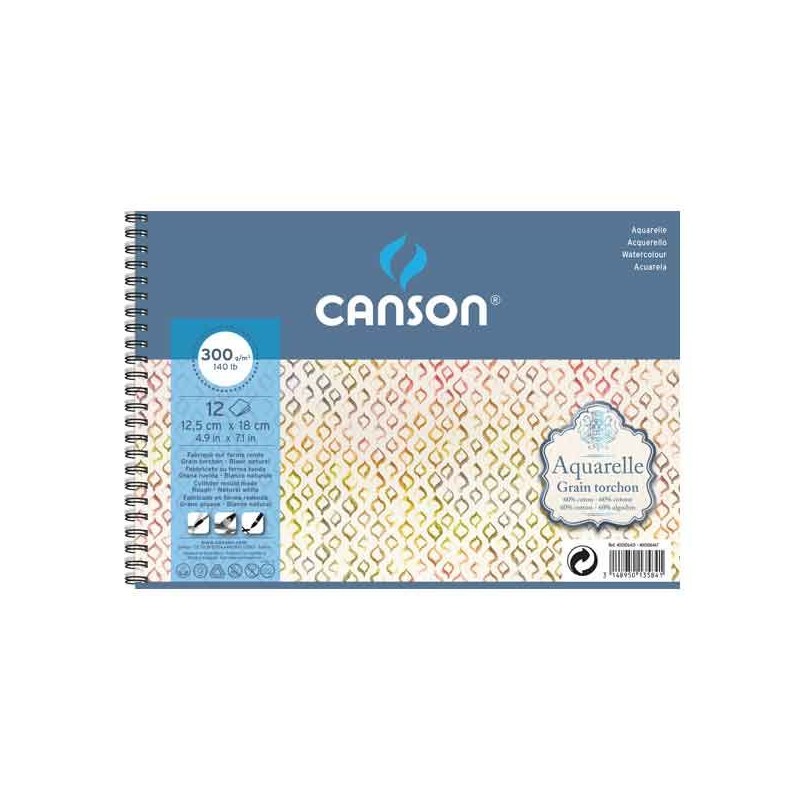 CANSON AQUARELLE ALBUM SPIRALE 12 FEUILLES 300 G GRAIN TORCHON