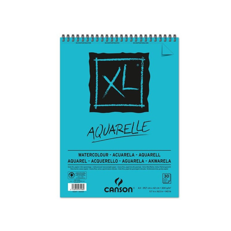 XL AQUARELLE ALBUM SPIRALE 30 FEUILLES 300G GRAIN FIN BLANC