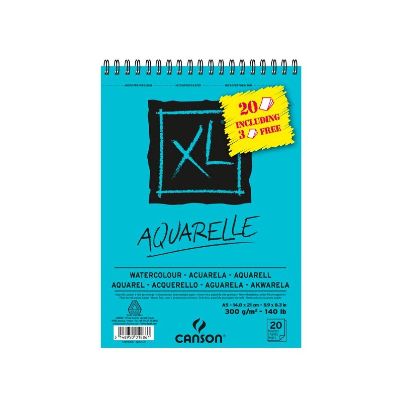 XL AQUARELLE ALBUM SPIRALE 20 FEUILLES 300G GRAIN FIN BLANC DONT 3 FEUILLES OFFERTES