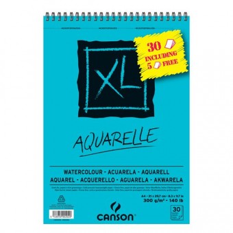 XL AQUARELLE ALBUM SPIRALE 30 FEUILLES 300G GRAIN FIN BLANC DONT 5 FEUILLES OFFERTES