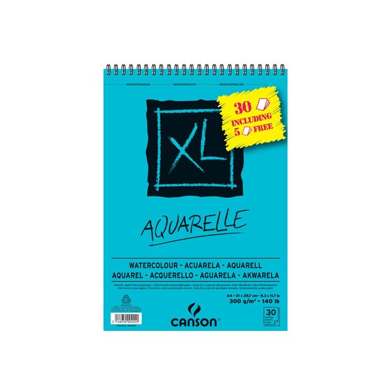 XL AQUARELLE ALBUM SPIRALE 30 FEUILLES 300G GRAIN FIN BLANC DONT 5 FEUILLES OFFERTES